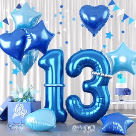 Blue Number 13 Balloons, Dark Blue Number 13 Balloons, 13 Number Balloons Set, Bule Foil Star Heart Balloons With Long Balloons For Boys man 13th 31th Birthday Party 1st 3rd Kid Baby Shower Decor
