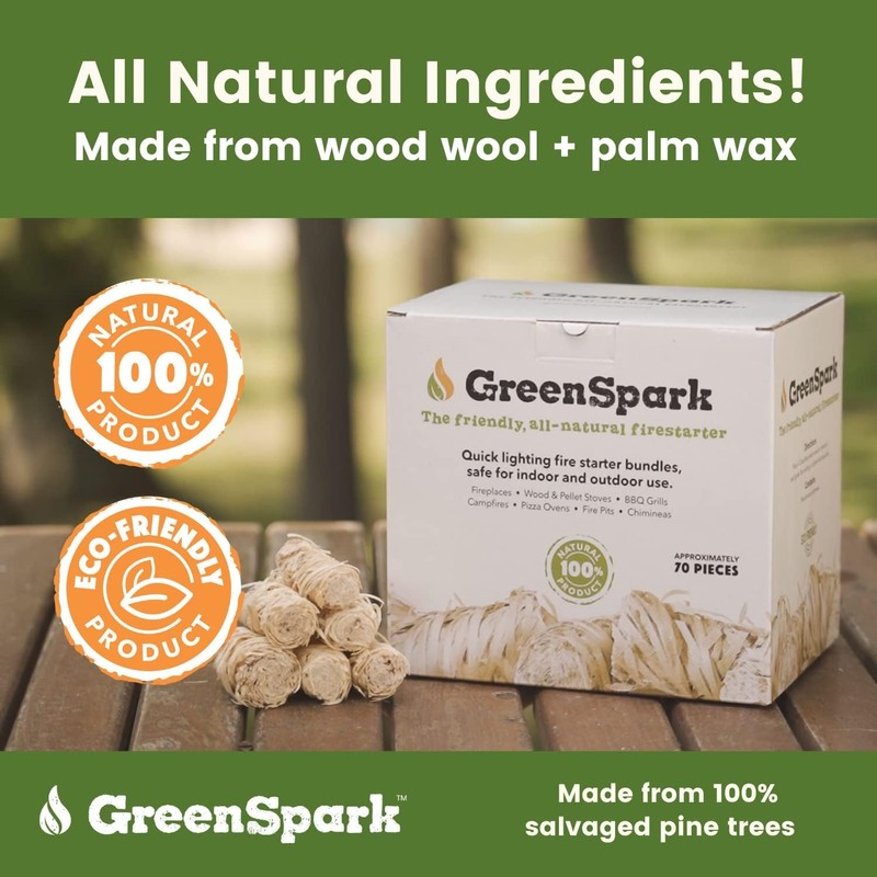 GreenSpark Natural All Weather Fire Starters 70 Pcs, Smoker, BBQ,