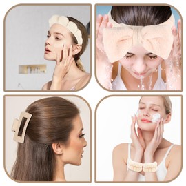 Zkptops 5Pcs Spa Headband for Washing Face Wristband Set Sponge Makeup Skincare Terry Cloth Bubble Soft Hairband Claw Clips for Thick Hair Puffy Padded Headwear Non Slip Hair Accessory (Beige)