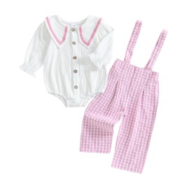Newborn Baby Girl Fall Outfit Linen Button Long Sleeve Bubble Romper Plaid Overall Suspenders Pants Clothes Set (Pink, 6-12 Months)