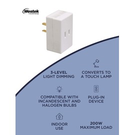 Westek Touch Lamp Control Dimmer Switch – Small Plug-In Device Converts Lights to Touch Lamp, 3 Way Switch – No Wiring, Easy to Install, Ideal for Floor, Bedside and Hard to Reach Lamps at Home, White, 6004B