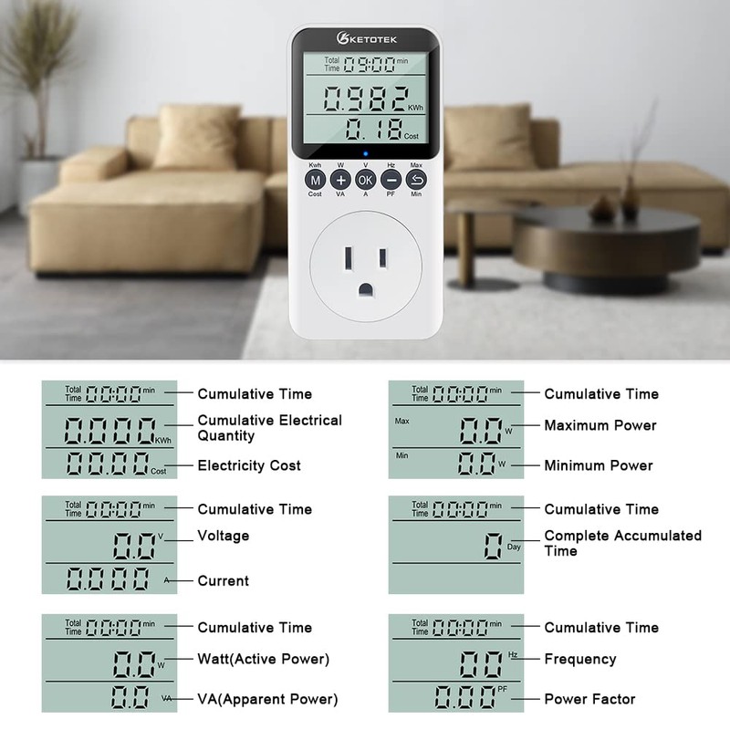 KETOTEK Electricity Usage Monitor Plug Digital Watt Meter Electrical Power
