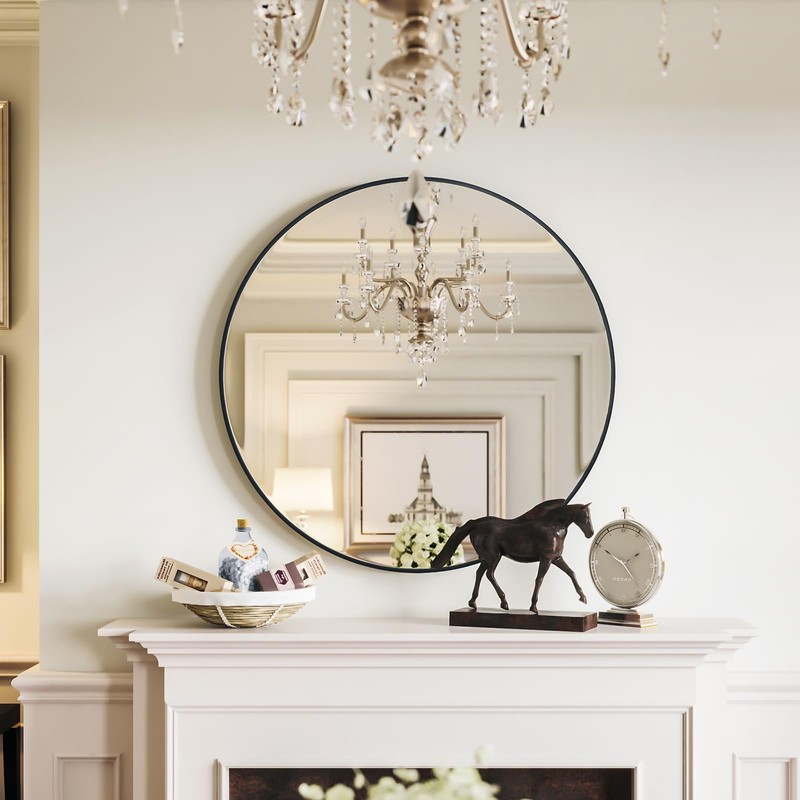 Growsun Black Round Mirror 24 inch, Wall Mounted Circle Mirror,