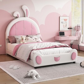 MERITLINE Twin Size Upholstered Platform Bed with Rabbit Shaped Headboard, PU Upholstered Twin Size Bed Frame for Kids Teens, Boys Girls,White+Pink
