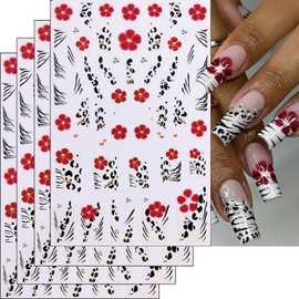 Fall Nails Stickers Rose Pink Flowers Nails Sticker 3D Embossed Autumn Black Leopard Print Self Adhesive Sticker Nail Decals Black Thanksgiving Nail Art Decal Fall Decals for Nail DIY Manicure 4PCS