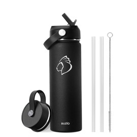 Insulated Water Bottle with Straw, BUZIO Stainless Steel Water Bottle 750 ml Wide Mouth Stainless Steel Water Bottle Cold for 48 Hrs Hot for 24 Hrs Insulated Bottle 2 lids, Black