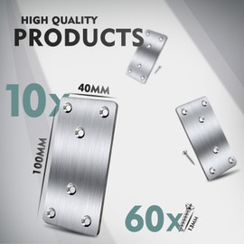 shinfly Flat Joining Plates Brackets, 10 pcs (40mm×100mm) Flat Brackets for Wood Stainless Steel with 60 Pieces of Screws, Joining Plates for Wood, Mending Plates for Furniture, Chair, Table, Window