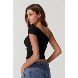QINSEN Womens Summer Tops Fold Over One Shoulder T Shirt Sleveless Double Lined Cropped Tee Black S