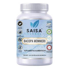 Bacopa Monnieri 450 120 Cápsulas Saisa Herbal Suplemento Cognitivo Natural Memoria Enfoque Claridad Mental