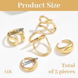 BelleVive 5 Piece Gold Chunky Rings for Women, Open Stackable Ring, Gold-Coloured, Adjustable, Round Dome Rings, Minimalist, Irregular Statement Ring Set for Women, Gold