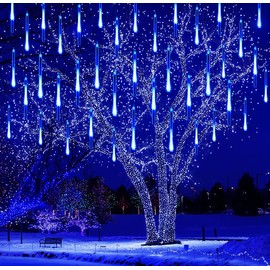 Purtuemy Outdoor Christmas Decorations, 12 inch/ 30 cm Meteor Shower Lights, Icicle Christmas Lights Outdoor for Tree, Christmas Decorations Outdoor for Yard House Wedding Party, Blue