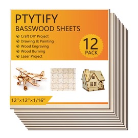 PTYTIFY 12 Pack Basswood Sheets 12"×12"×1/16", Balsa Wood for Laser Cutting, Plywood Sheets Unfinished Wood for DIY Ornaments and Models Drawing Painting Engraving Crafts Burning