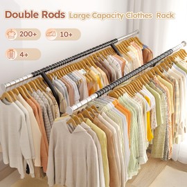 Raybee 74" W Heavy Duty Clothes Rack, Double Rods Clothing Rack, Load 441 LBS Clothes Racks for Hanging Clothes with Wheels, Portable Garment Rack, Black