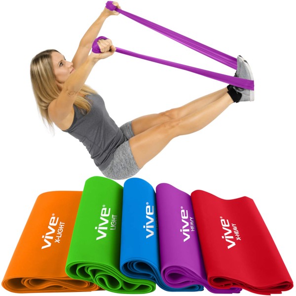 Vive Flat Resistance Band (5 Piece Set) - Elastic Exercise Equipment - Straight Stretching Fitness Training for Full Body, Leg, Crossfit, PT, Yoga Stretch, Rehab Therapy - Home Gym for Men & Women