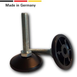 KLAMA 4 x Height-Adjustable Feet - Galvanised Steel Furniture Feet with Welded Nut and Plastic Base (M12 x 100 mm, Base Diameter 30 mm)