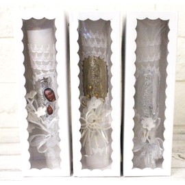 Elegant Our Lady Guadalupe Virgin Mary Baptism Candle Flowers Crystals Cross Lace with Ribbon Favor,Christening,Blessing Day,Communion Candle,Christening Ceremony Candle (Silver)