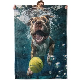 TRYYN Underwater Pitbull Throw Blanket for Couch Picnic Camping Outdoor Decor, Playful Pup with Tennis Ball Design, Super Soft Cozy Plush Fluffy Fleece Blankets Gifts for Dog Lovers, 60x50 Inch
