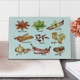 Lunarable Cinnamon Cutting Board, Flavoring Plants in Watercolor Effect and Names Calligraphy Seasoning Foods, Decorative Tempered Glass Cutting and Serving Board, Small Size, Multicolor