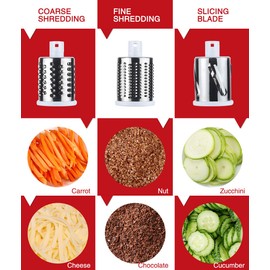Ancevsk Rotary Cheese Grater Shredder, Speed Kitchen Manual Round Mandolin Slicer Safe Grinder with 3 Interchangeable Blades for Nuts, Carrot, Hashbrown, Garlic, Walnut, Potato, Chocolate (Red)