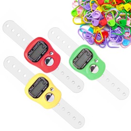 AQSQWQ 3 Electronic Finger Counter, Hand Counter, Finger Row Counter with LED Resettable and Hand Ring, Digital Finger Counter, with 50 Stitch Markers for Golf Round Counting Knitting, Red, Yellow,