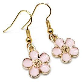 Pink Flower Earrings, Light Pink Enamel Daisy Charm Beads on Nickel Free Hooks : 33mm long, Cute Floral Drop Earrings, Pretty Gift for Women