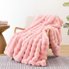 Smoofy Faux Fur Blanket Rabbit Fleece - Blush Pink Fluffy Blanket for Sofa, Cozy Soft Plush Throw Blanket for Couch Bed, Luxury Thick Fuzzy Couch Blanket for Winter, Comfy Bubble Blanket - 60" x 80"