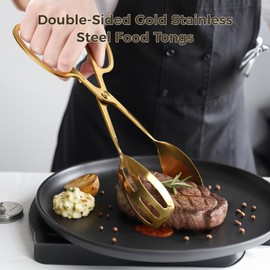 OMISTAR Gold Buffet Tongs Salad Tong Set of 2-10 Inch Double-Sided Stainless Steel Food Serving Bread Tongs with Scissor Handles for Cooking Buffet Catering Bread Pastry Dessert BBQ