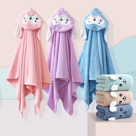 Absorbent Baby & Kids Hooded Beach Bathrobe Towel Cape for Swimming Hooded Long-eared Monkey - Pink + 70*140cm 3ea
