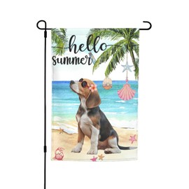 Hello Summer Beagle Puppy Dog Tropical Beach Garden Flag 12x18 Inch Double Sided Vertical Decoration Yard Small Flag For Outside Holiday Seasonal Outdoor