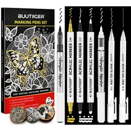 7Pcs White Acrylic Ink Pens Opaque Gold Black Dual Tip Gel Brush Markers