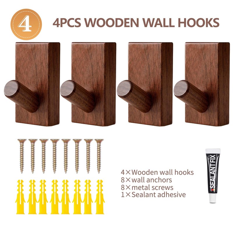 Wood Wall Hooks for Hanging - QUELLANCE 4 Pack Utility
