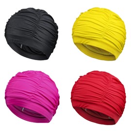 Golden Apple 2Pack Nylon Soild Color Ladies Swimming Hat Pleated Style Swim Cap Long Hair Swimming Cap for Men Women (Red+Black)