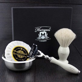 Haryali London 4 Piece Men's Shaving Set with 3 Razor Blades and White Badger Hair, Shaving Brush, Soap and Bowl, Perfect Set for Men