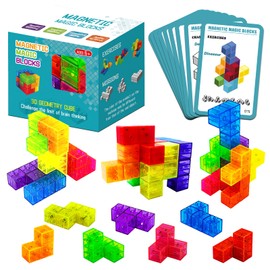 coskehan Magnetic Building Blocks, STEM Magic Magnetic 3D Puzzle Cubes, 7 Pcs Preschool Multi Shapes Magnetic Toys with 54 Cards, Montessori Sensory Autism Building Toys for Kids
