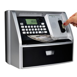 ATMBnk ATM Piggy Bank for Kids, Electronic Money Bank with Coin Counter, Card & Password, Mini ATM Machine Birthday Gift for Boys and Girls – Fun Educational Savings Toy (Black/Silver)