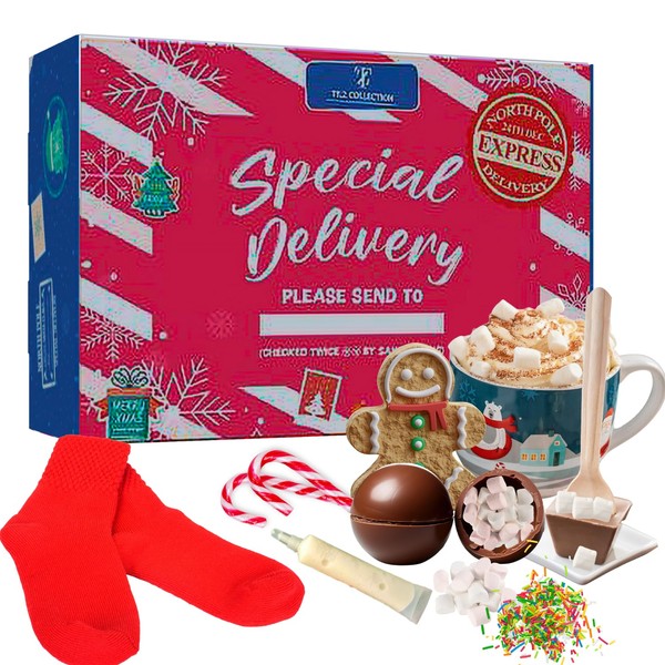 Christmas Kids Hot Chocolate Gift Set - Xmas Eve box fillers, Hot Chocolate Stirrer, Cone With Sprinkler, Bombs with Marshmallow, Candy Cane, Gingerbread, Cosy Socks, kids Filled Christmas Eve box
