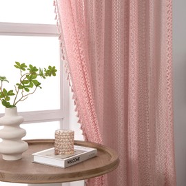 WAZZIO Light Pink Curtains 2 Panels 84 Inches Long Cotton Crochet Lace Sheer Curtain Cute Soft Baby Pink Curtains for Girls Room Nursery Living Room,Rod Pocket Tassel Semi Sheer Drapes,Dusty Grey Pink
