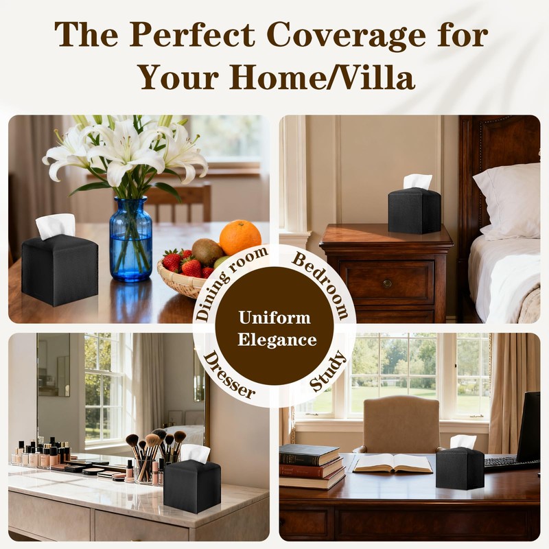 6-Pack Square Tissue Box Cover Holder, Black PU Leather Decorative