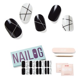 NAILOG Semi-Cured Gel Nail Strips, 20 Extra-Long Nail Stickers, Salon-Quality Nail Wraps, Waterproof, Long Lasting, Nail Kit, Simple, Glossy Sheen, Cute, Artistic Design | B&W Composition