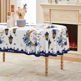 Horaldaily Ramadan Tablecloth 60×84 Inch Oval, Eid Mubarak Star Washable Seasonal Table Cover for Party Picnic Dinner Decor