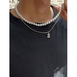 Pearl Necklace for Men Round Pearl Necklace with Charm Fashion Pearl Choker Necklace for Men Pearl Jewelry Gifts for Boyfriend/Husband/Friends