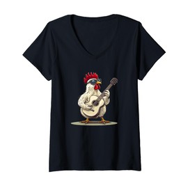 Womens White Chicken with Cool Guitar Costume for Adults and Kids V-Neck T-Shirt