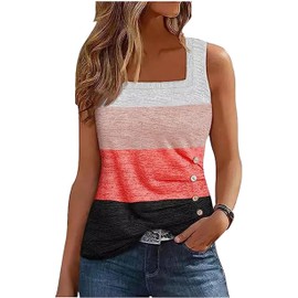 LANMERTREE Color Block Ruched Button Square Collar Tank Summer Tank Tops for Women Loose Fit Square Neck Sleeveless Tops(Pink,L)