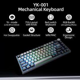 ANGELOYANG Wireless Mechanical Keyboard with Volume Knob,75% Percent Gaming Keyboard,RGB Hot Swappable Black Mechanical,Backlit Light Up PBT USB C 2.4GHz BT5.0 Gasket Red Switch