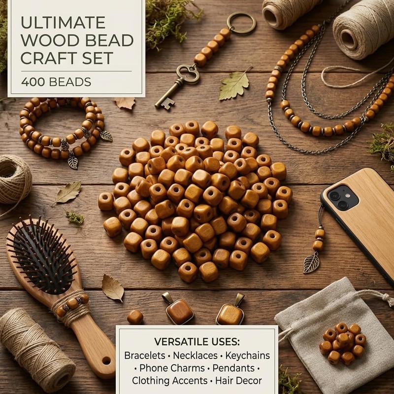 400PCS Brown Square Wooden Beads, 6mm Cube Beads Bulk for
