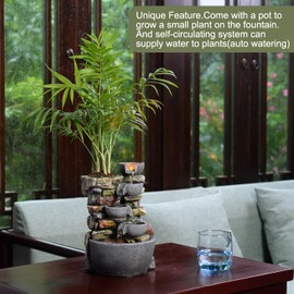 Haobos Indoor Fountain 4-Bowl Rockery Soothing Sound Tabletop Fountains Home/Office Decor Gift for Mom,Mother Day Present with A Small Plastic Pot to Grow Plant/Hebs by Yourself (Automatic Watering)