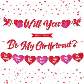 Stcomart Pre-Strung Glitter Will You Be My Girlfriend Banner for Reveal One's Thoughts or Feelings, Pink