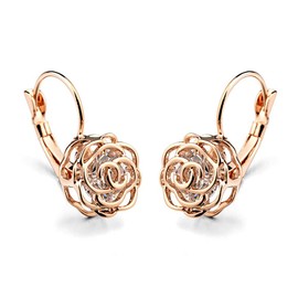 Blooming CZ Filigree 3D Rose Flower Crystal Leverback Dangle Drop Earrings for Women Girls Sensitive Ear Sweet Dangling for Lovers Wedding Elegant Diamond Jewelry Gifts Hypoallergenic (Rose Gold)