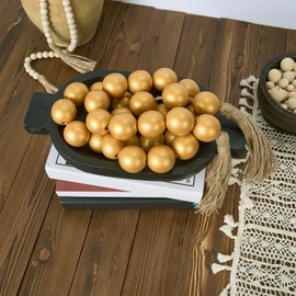 OMISHE 60" Long Extra Large Wood Bead Garland with 1.6" Diameter Wooden Beads and Tassels, Rustic Farmhouse Country Decorative Beads for Home Decor Tiered Tray Decor, Gold
