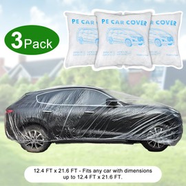 3 Packs Disposable Car Cover Clear Plastic Car Cover Universal Rain Dust Garage Cover with Elastic Band Medium (12.4 FT x 21.6 FT